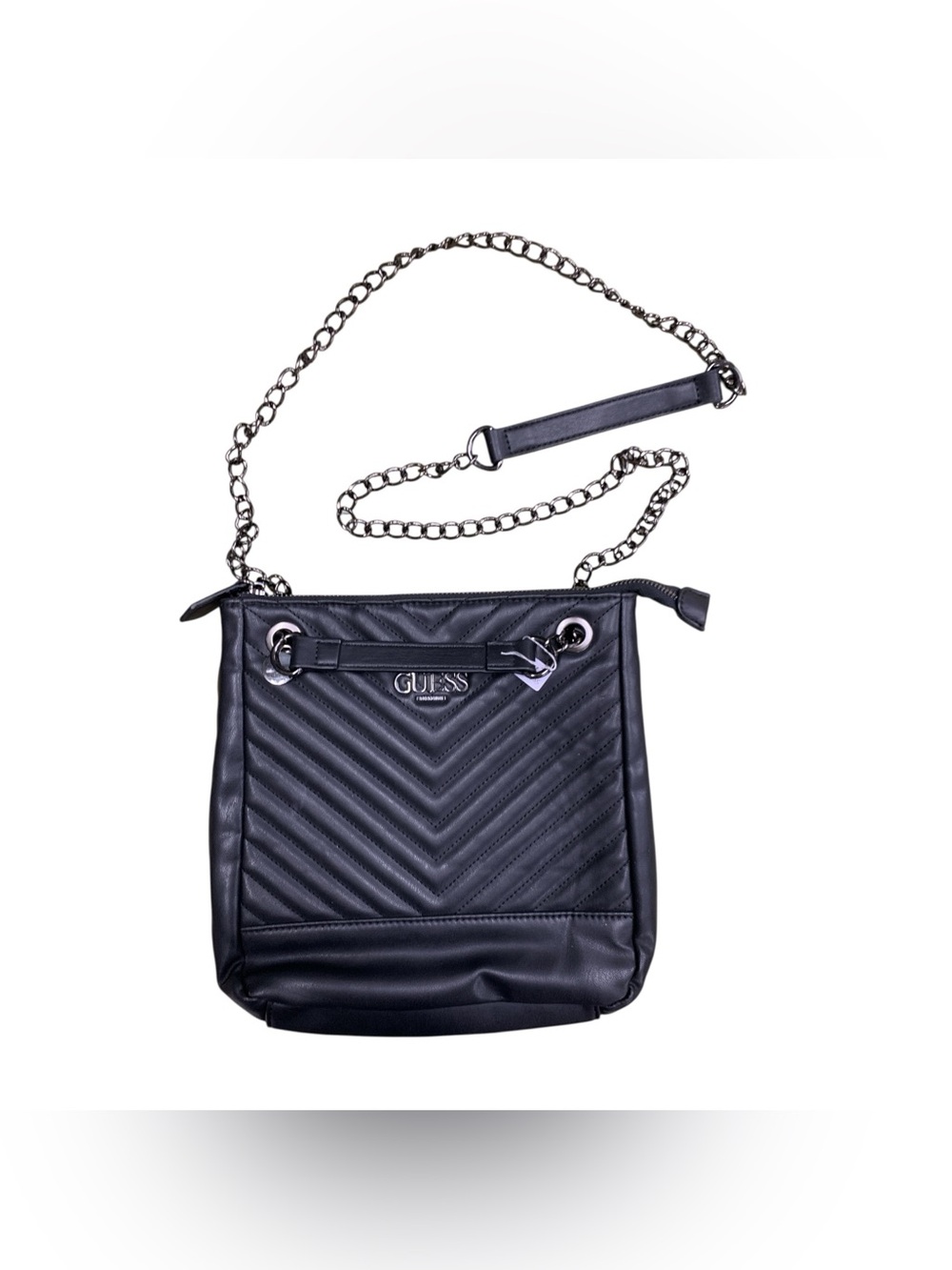 GUESS Black Quilted Chevron Crossbody with Silver Chain Strap